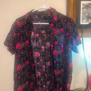 Women's Black and Pink Skull Button Down Shirt